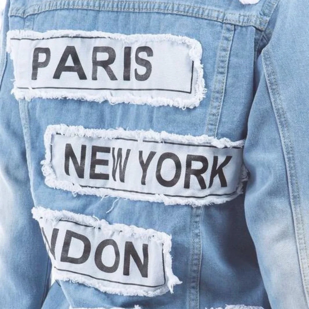 2x distressed Denim Jacket with City Patches - Picture 3 of 5